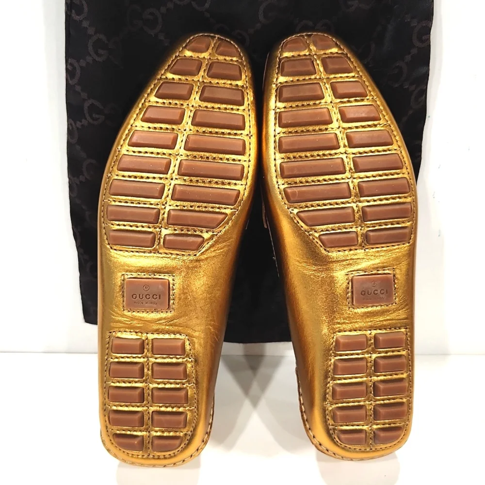NEW!! Gucci Bamboo Horsebit Gold Leather Driving Shoes Loafers 155162  Size 5B